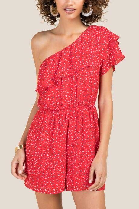 Francesca S Diana One Shoulder Polka Dot Romper Red Polka Dot Rompers Rompers Cool Outfits