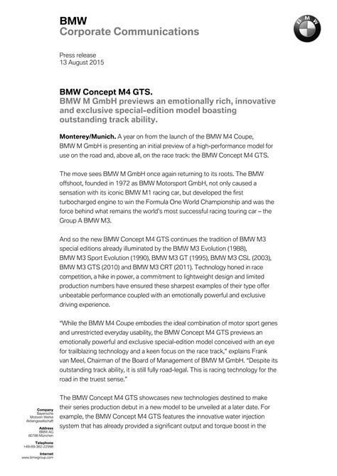 Bmw M Gts Pebble Beach Debut Press Release Pdf