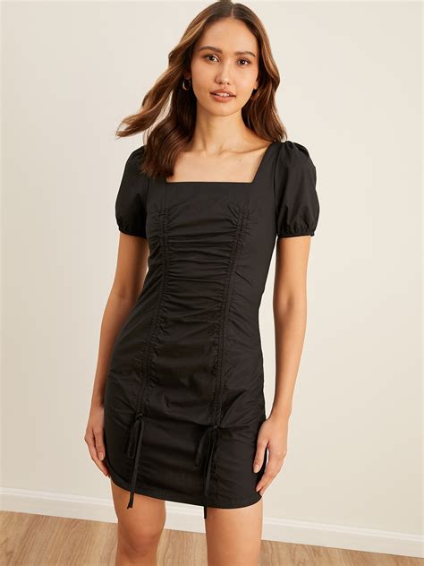 Square Neck Puffed Sleeve Mini Dress Black Pomelo Fashion