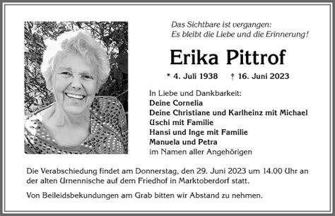 Traueranzeigen Von Erika Pittrof Allg Uer Zeitung