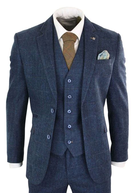 Cavani Carnegi Mens 3 Piece Navy Blue Tweed Check 1920s Vintage Suit