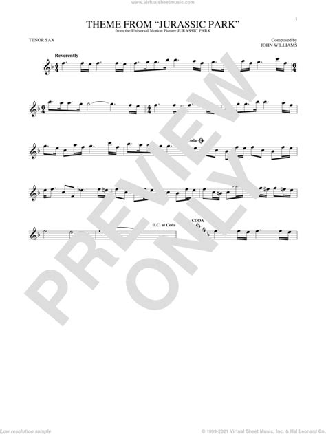 Theme From Jurassic Park Sheet Music For Tenor Saxophone Solo