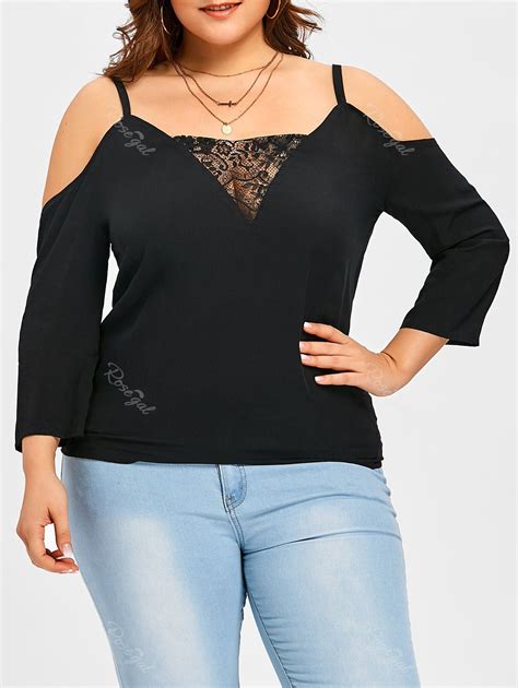 29 OFF Plus Size Open Shoulder Lace Panel Top Rosegal