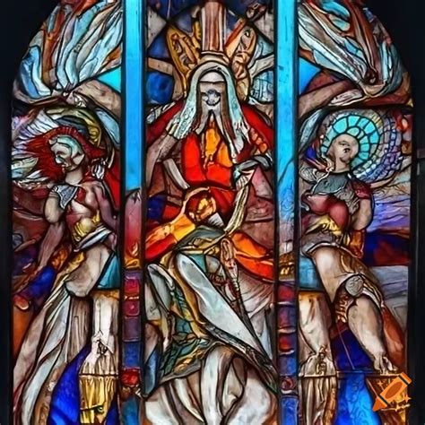 Triptych Stained Glass Artwork Featuring Gods Angels Demons And