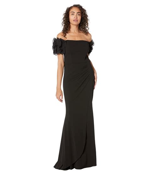 Xscape Long Scuba Crepe Off The Shoulder Wire Flower In Black Lyst