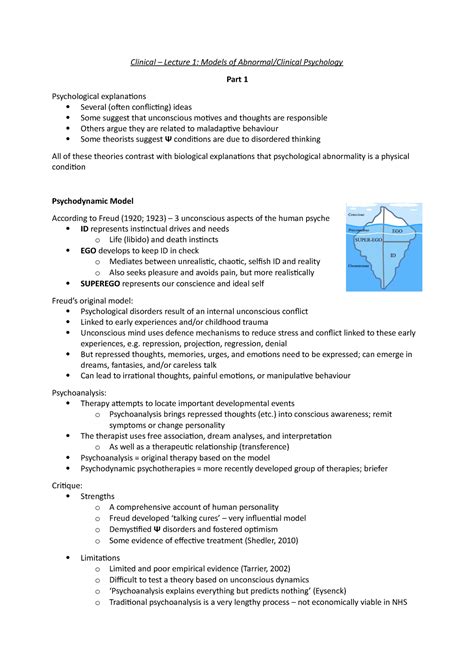 Clin 1 clinical psychology model - Clinical – Lecture 1: Models of