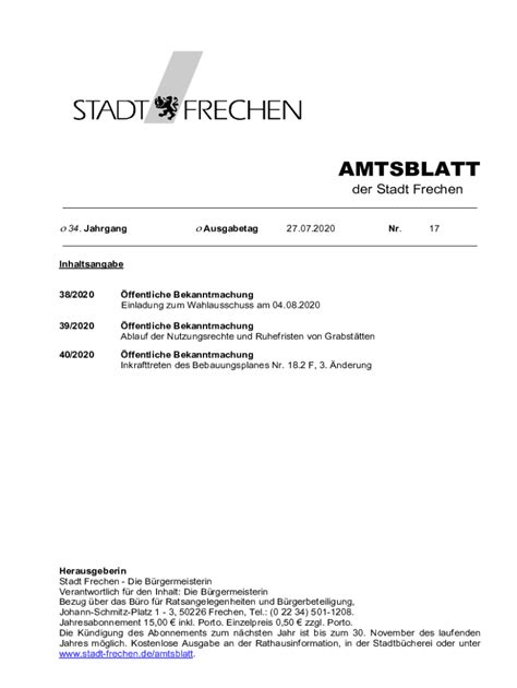 Fillable Online Amtsblatt Der Stadt Frechen Fax Email Print Pdffiller