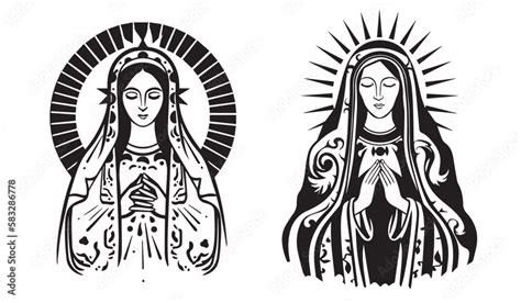 Virgin Mary Our Lady Hand Drawn Vector Illustration Black Silhouette