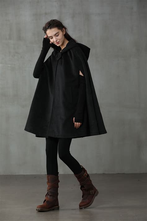 Black Hooded Wool Coat Wool Cloak Cape Cashmere Women Wool Etsy Uk