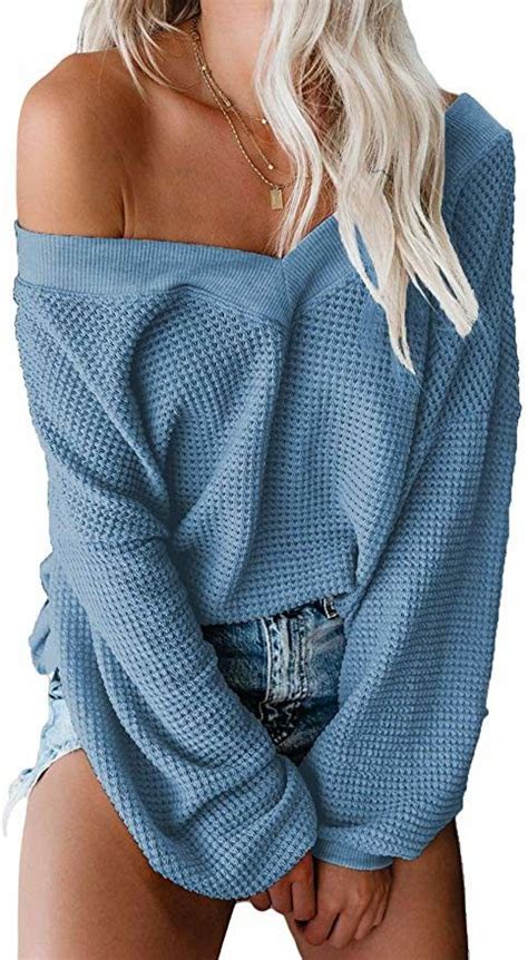 Asvivid Womens Oversized Off The Shoulder Sweater Tops Waffle Knit