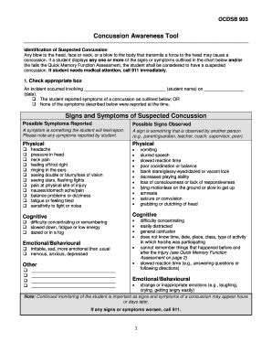 Fillable Online Concussion Awareness Tool Signs And Symptoms Of