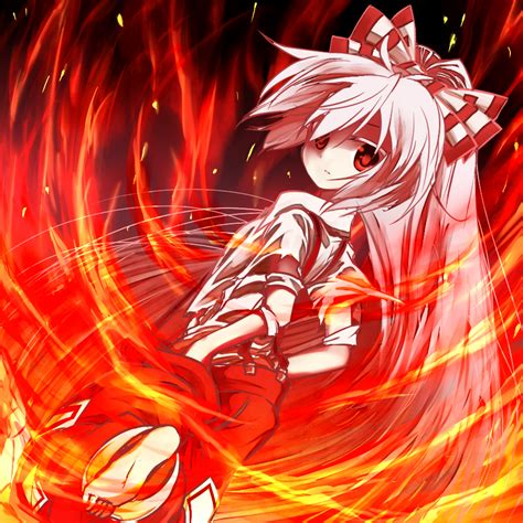 Safebooru 1girl Barefoot Bow Fire Fujiwara No Mokou Hair Bow Hands In Pockets Long Hair