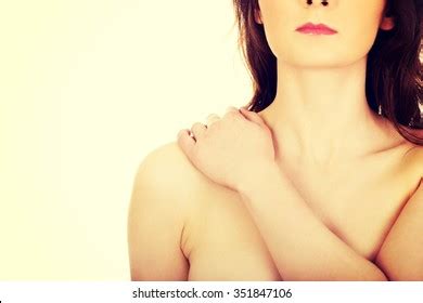 Beautiful Topless Woman Touching Her Shoulder Stock Photo