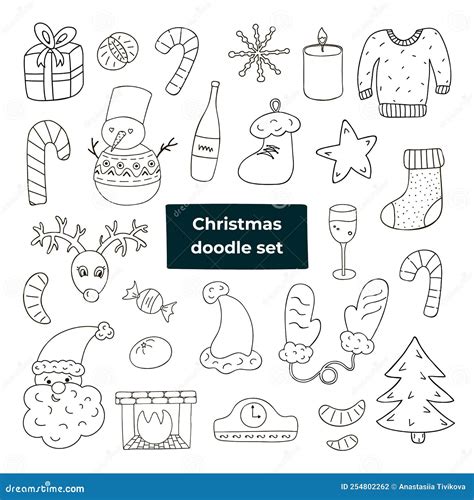 Set Of Christmas Doodle In Flat Style Hand Drawn Vector Illustration