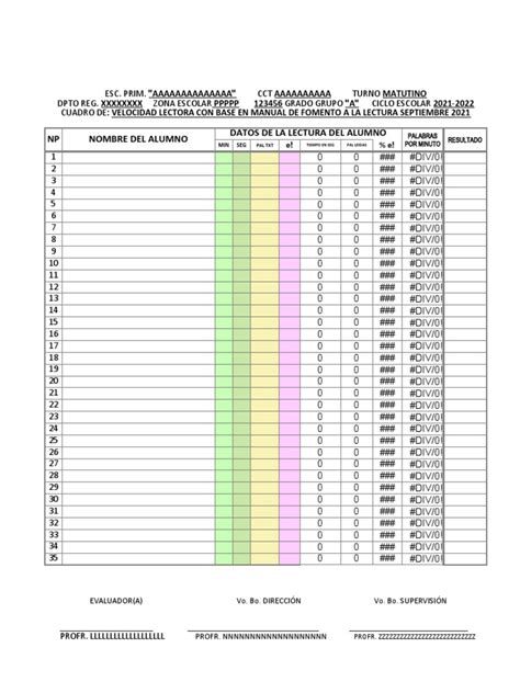 Hoja De Calculo Palabras Leidas Por Minuto Pdf