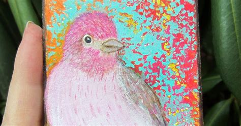 Peaceofpi Studio Pink Finch Bird Miniature Aceo Painting