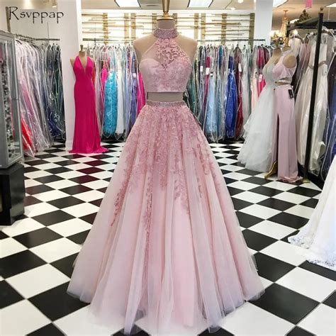 Buy Long Prom Dress 2018 Elegant High Neck Sheer A Line Lace Floor Length Pink