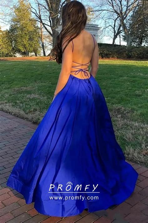 Royal Blue Satin Thigh High Slit Puffy Prom Dress Promfy