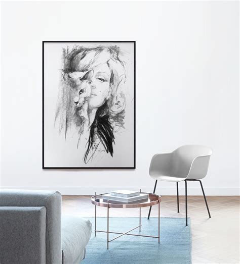 Xl Big Marilyn Monroe Portrait With Cat Charcoal Modern Expressive