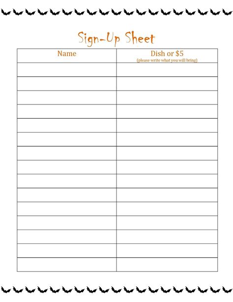 Printable Party Sign Up Sheet