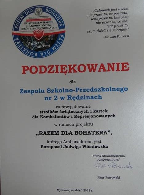 Podziękowania dla ZSP nr 2 w Rędzinach za udział w projekcie Razem dla