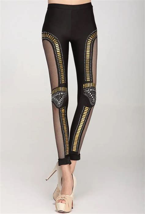 Lady Sexy Punk Rock Leggings Gothic Gold Metal Leggings Patchwork Mesh