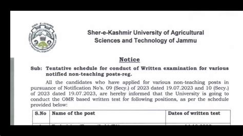 SKUAST Jammu Exam Notice For Non Teaching Posts YouTube