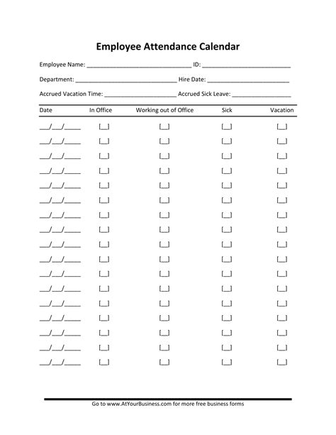 Employee Attendance Calendar Printable Free Word Document Tony