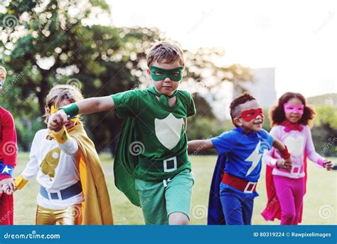 Superheroes Kids Friends Playing Togetherness Fun Concept Stock Photo