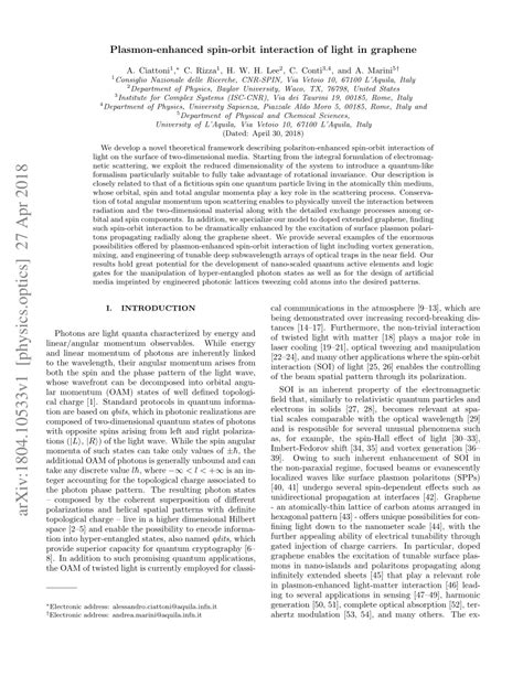 PDF Plasmon Enhanced Spin Orbit Interaction Of Light In Graphene