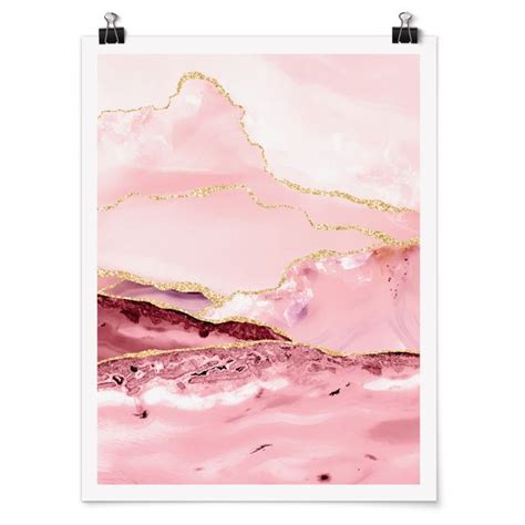 Abstrakte Berge Rosa Mit Goldene Linien Poster Im Hochformat