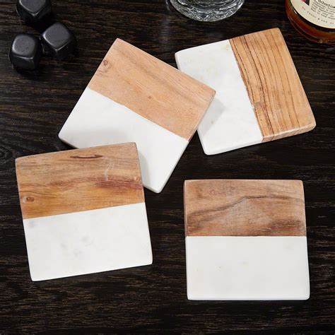 Ingram White Marble Acacia Wood Coasters Modern Clean Design Set