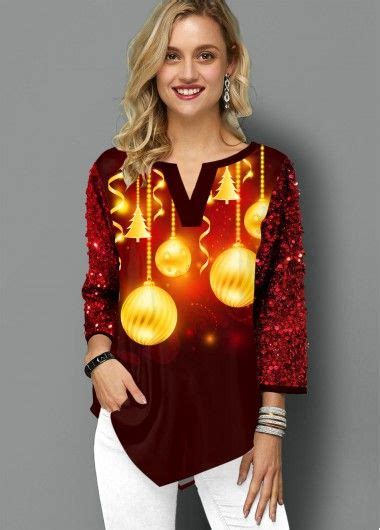 Asymmetric Hem Christmas Print Split Neck T Shirt Modlily Usd