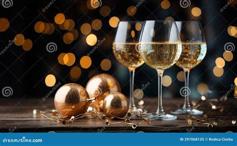 Champagne Glasses And Baubles Against Blurred Lights Background Stock