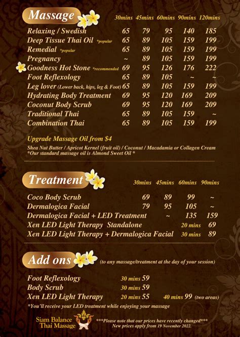 Prices - Kiama Siam Balance Thai Massage