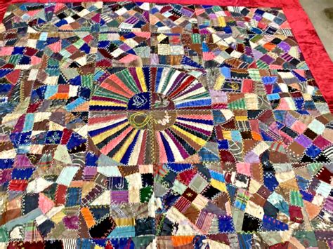 Antique Crazy Quilt Primitive Patchwork Velvet Silk Crazy Quilt 76 X 76