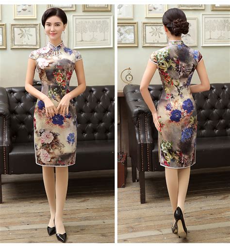 Sumptuous Peony Flowers Print Silk Qipao Cheongsam Dress Qipao