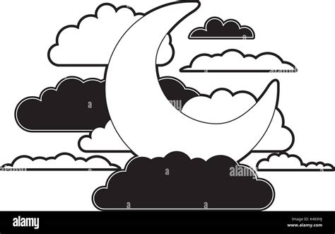 moon and clouds in night landscape black color section silhouette on white background Stock ...