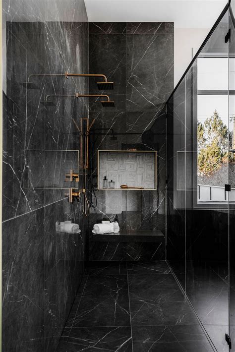 Black Marble Shower And Brass Fixtures Marble Mosaic Niche Black