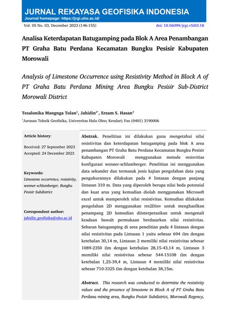 Pdf Analisa Keterdapatan Batugamping Menggunakan Metode Resistivitas