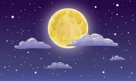 Full Moon Stars And Clouds On The Dark Midnight Sky Night Sky Scenery Background Cartoon