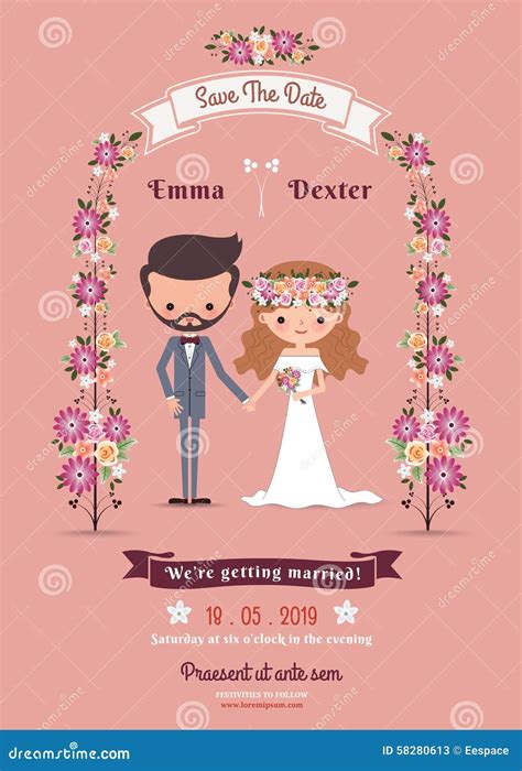 Rustic Bohemian Cartoon Couple Wedding Card Stock Vector Image 58280613