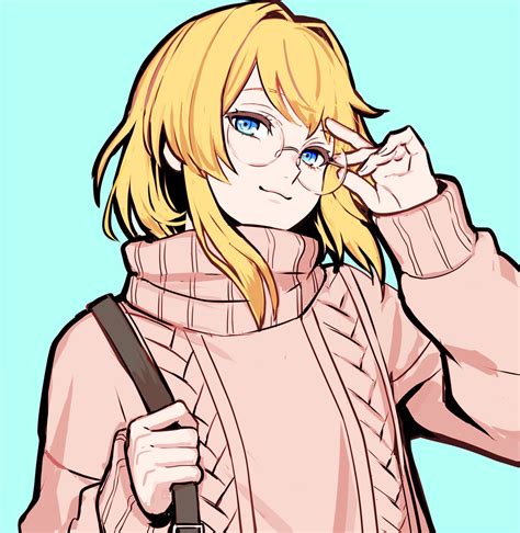 Safebooru 1girl Adjusting Eyewear Aqua Background Blonde Hair Blue