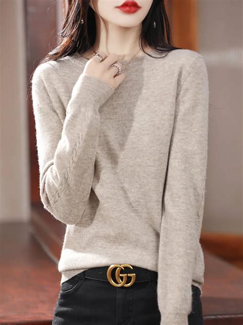 Aliselect Fashion 100 Merino Wool Women Solid Sweater O Neck Tops Jerseys Long Sleeve Pullovers