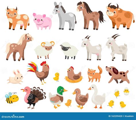 Cute Farm. Big Set of Cartoon Farm Animals and Pets for Kids and ...