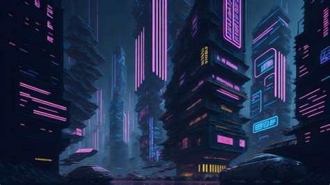 Uma Pintura Digital De Uma Cidade Luzes Neon E Uma Placa Que Diz