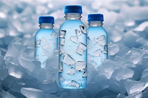 Cold Hydration Water Bottle Displayed on a Bed of Ice Cubes Stock ...