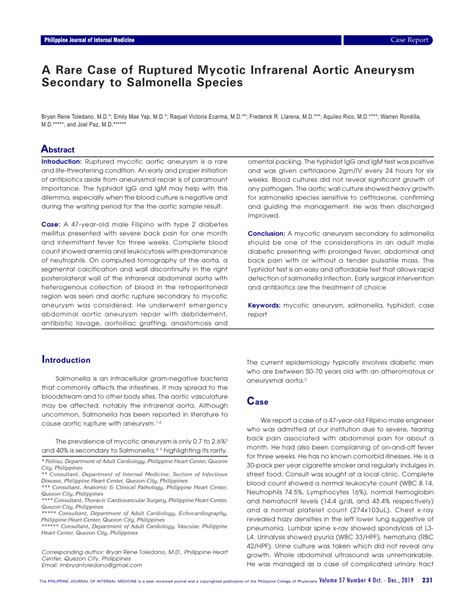 Pdf A Rare Case Of Ruptured Mycotic Infrarenal Aneurysm Secondary To