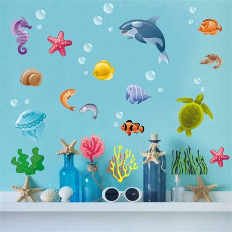 Underwater Sea Life Wall Decals Shark Turtle Seaweed