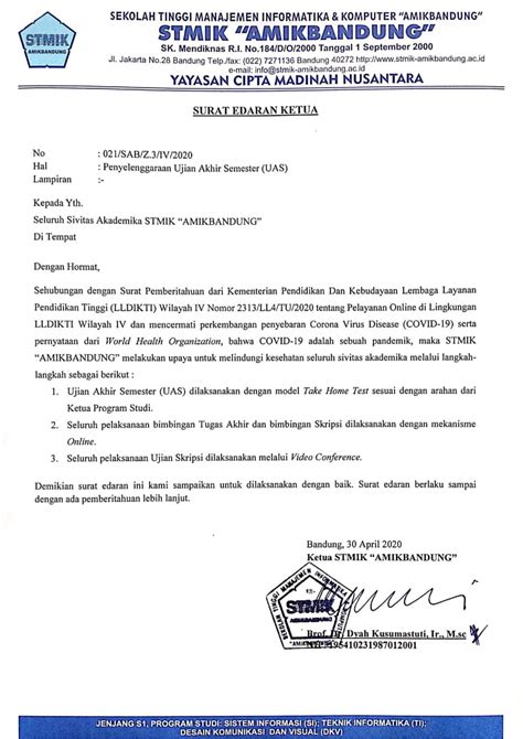 Surat Edaran Pelaksanaan Ujian Akhir Semester Dan Ujian Skripsi Stmik Amikbandung